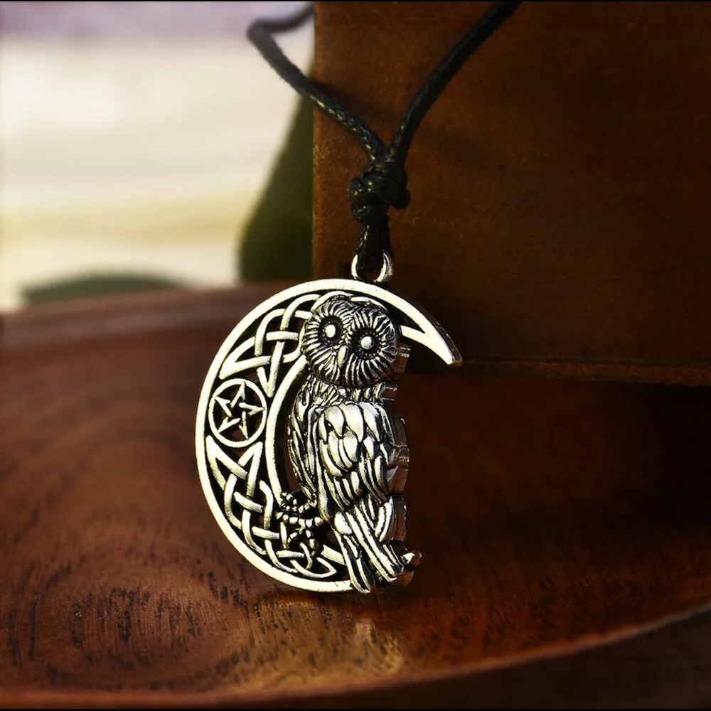 Goddess Moon Pentagram Owl Silver Necklace
